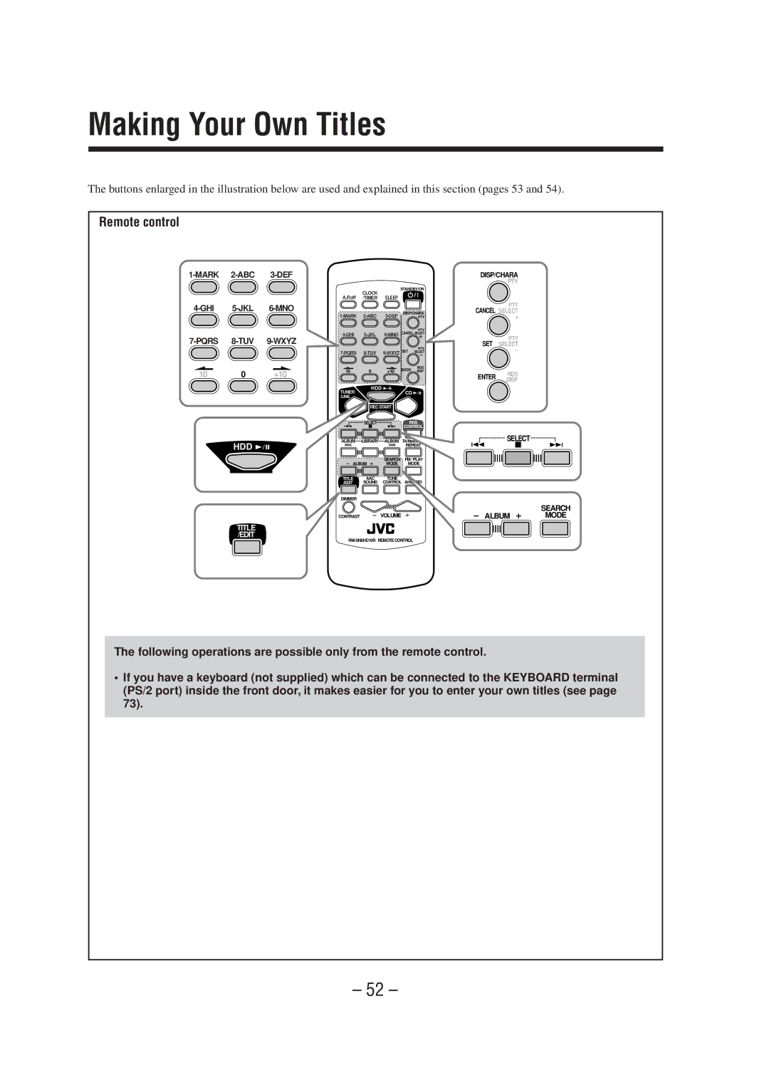 JVC CA-NXHD10R manual Making Your Own Titles, Mark 2-ABC 3-DEF GHI 5-JKL 6-MNO Pqrs 8-TUV 9-WXYZ 