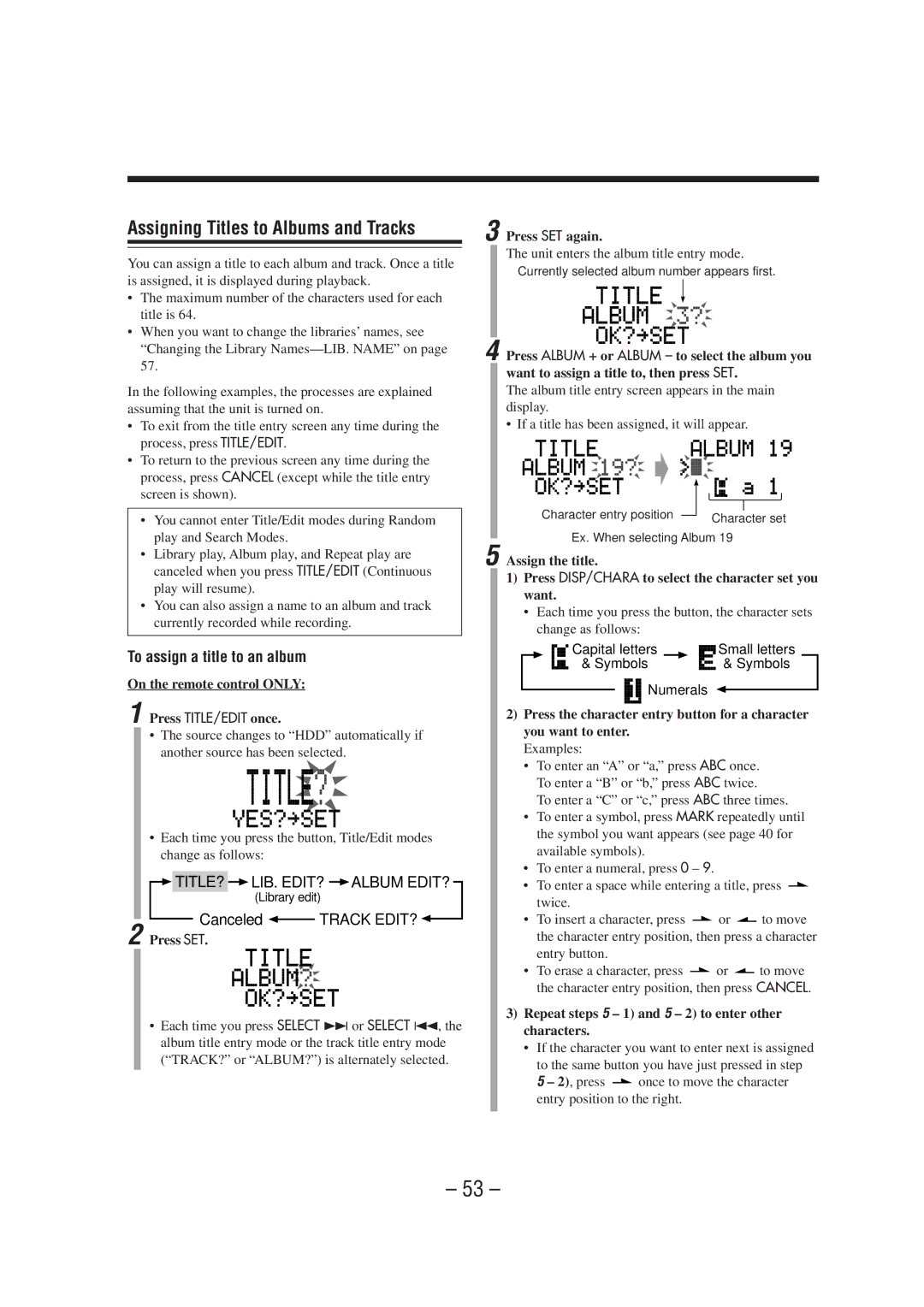 JVC CA-NXHD10R manual Assigning Titles to Albums and Tracks, To assign a title to an album, TITLE? LIB. EDIT? Album EDIT? 