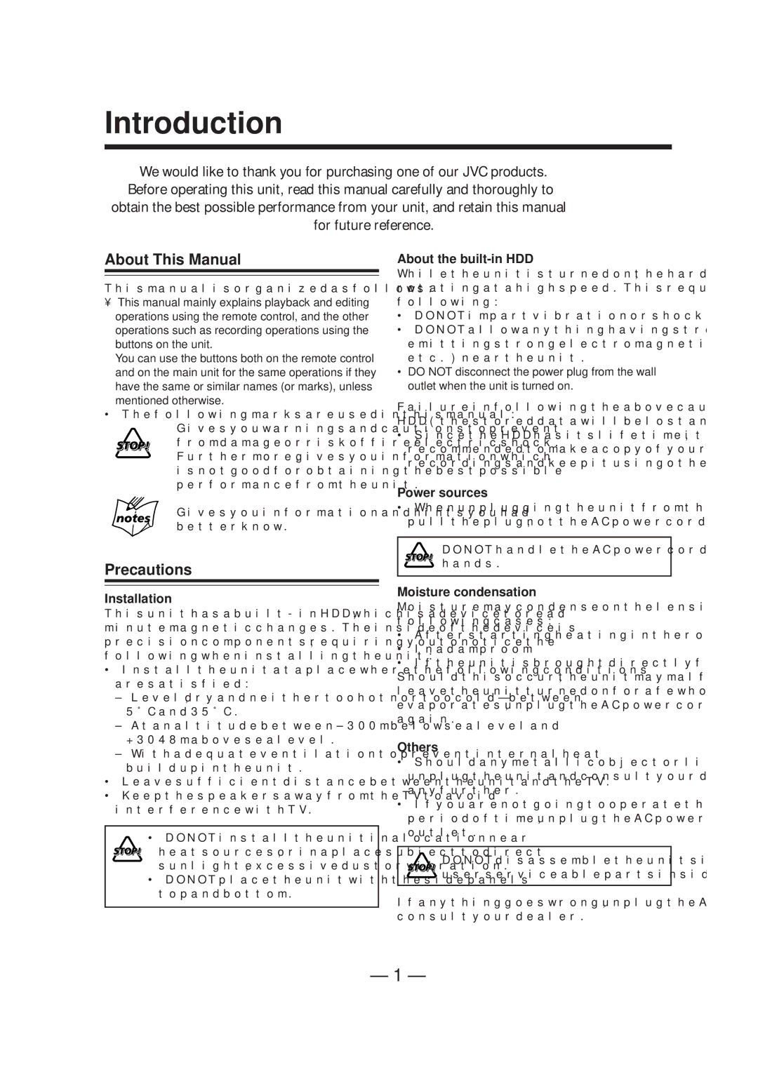 JVC CA-NXHD10R manual Introduction, Precautions 