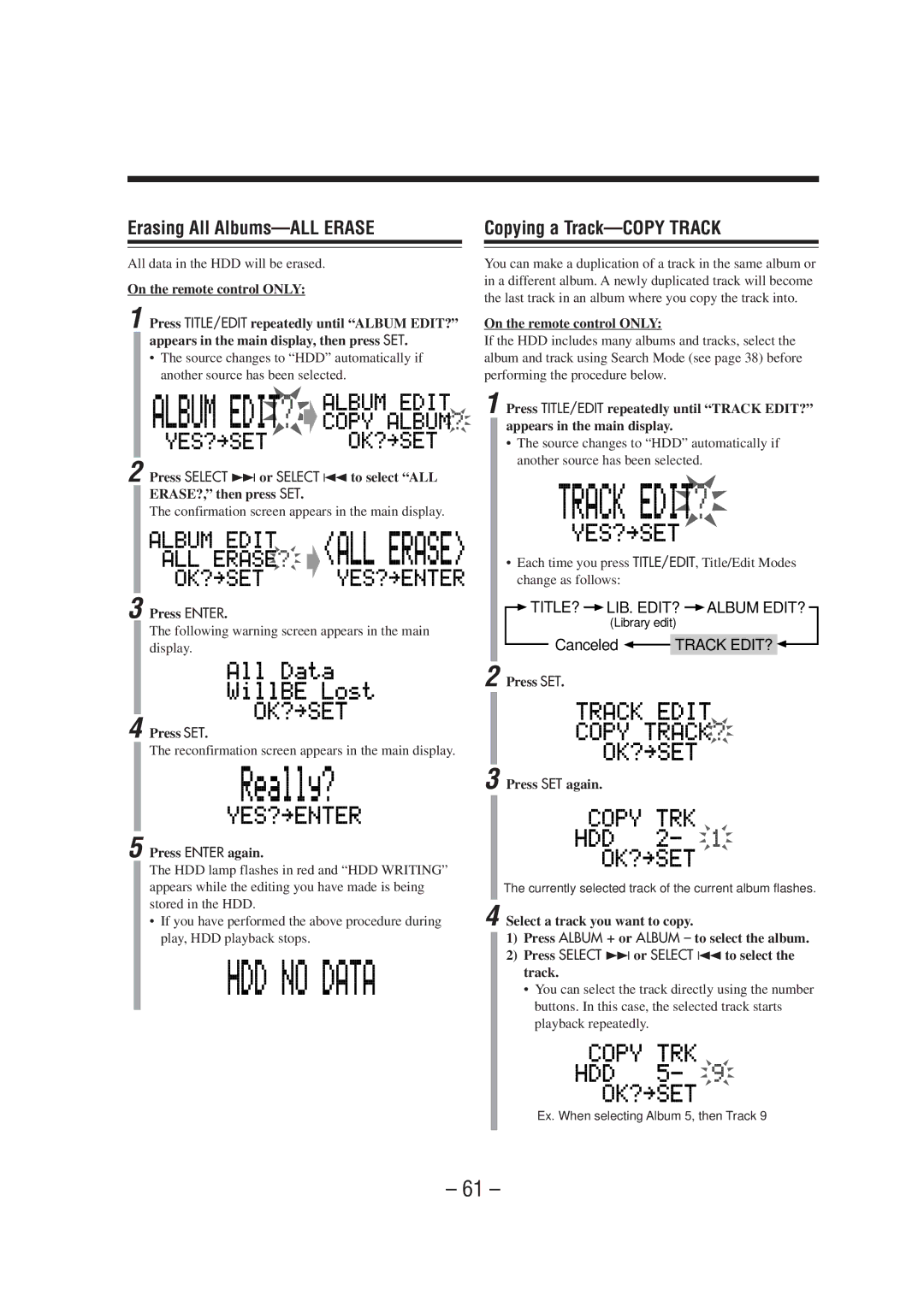 JVC CA-NXHD10R manual Erasing All Albums-ALL Erase, Copying a Track-COPY Track, Press Enter again 