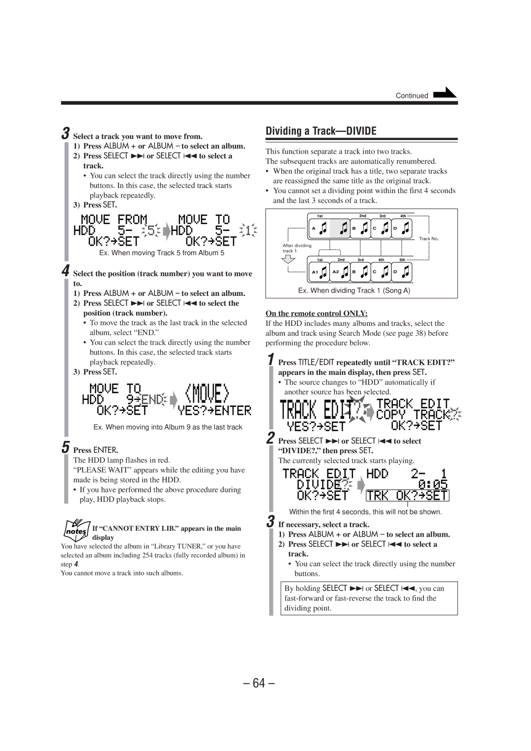 JVC CA-NXHD10R manual Dividing a Track-DIVIDE, Press Select ¢ or Select 4to select DIVIDE?, then press SET 