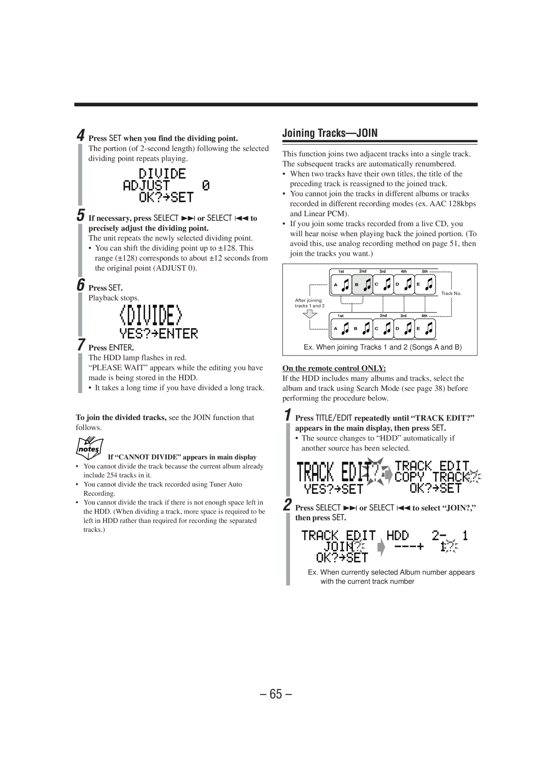 JVC CA-NXHD10R manual Joining Tracks-JOIN, Press SET when you find the dividing point, Playback stops 