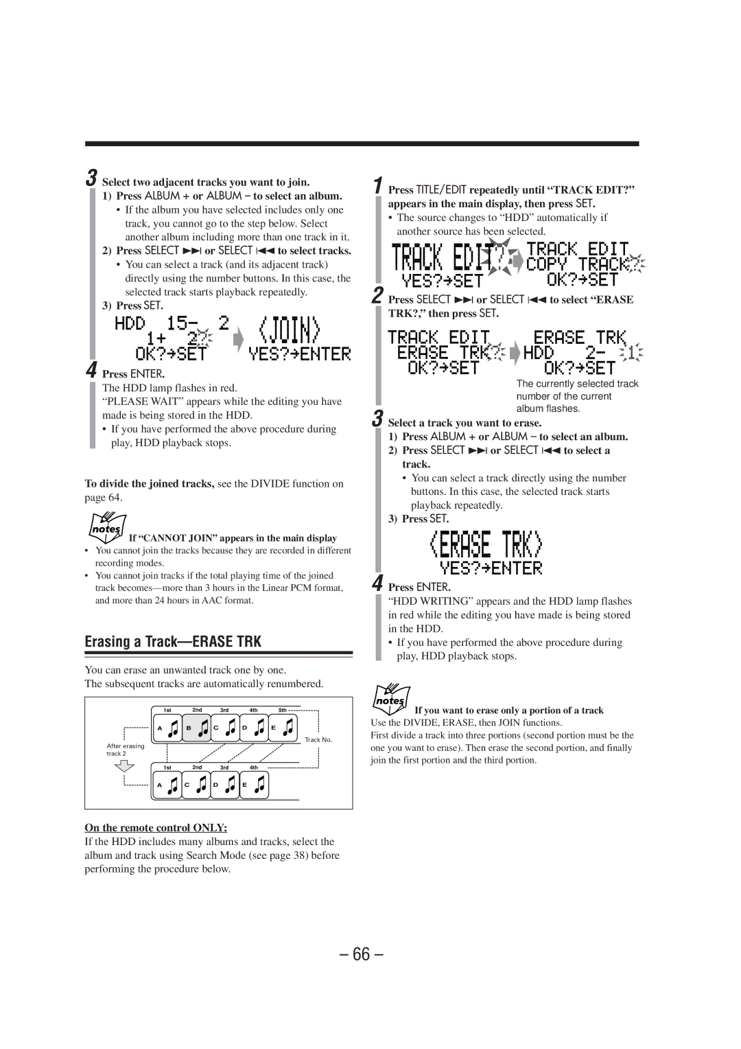 JVC CA-NXHD10R manual Erasing a Track-ERASE TRK, Press Select ¢ or Select 4to select tracks 