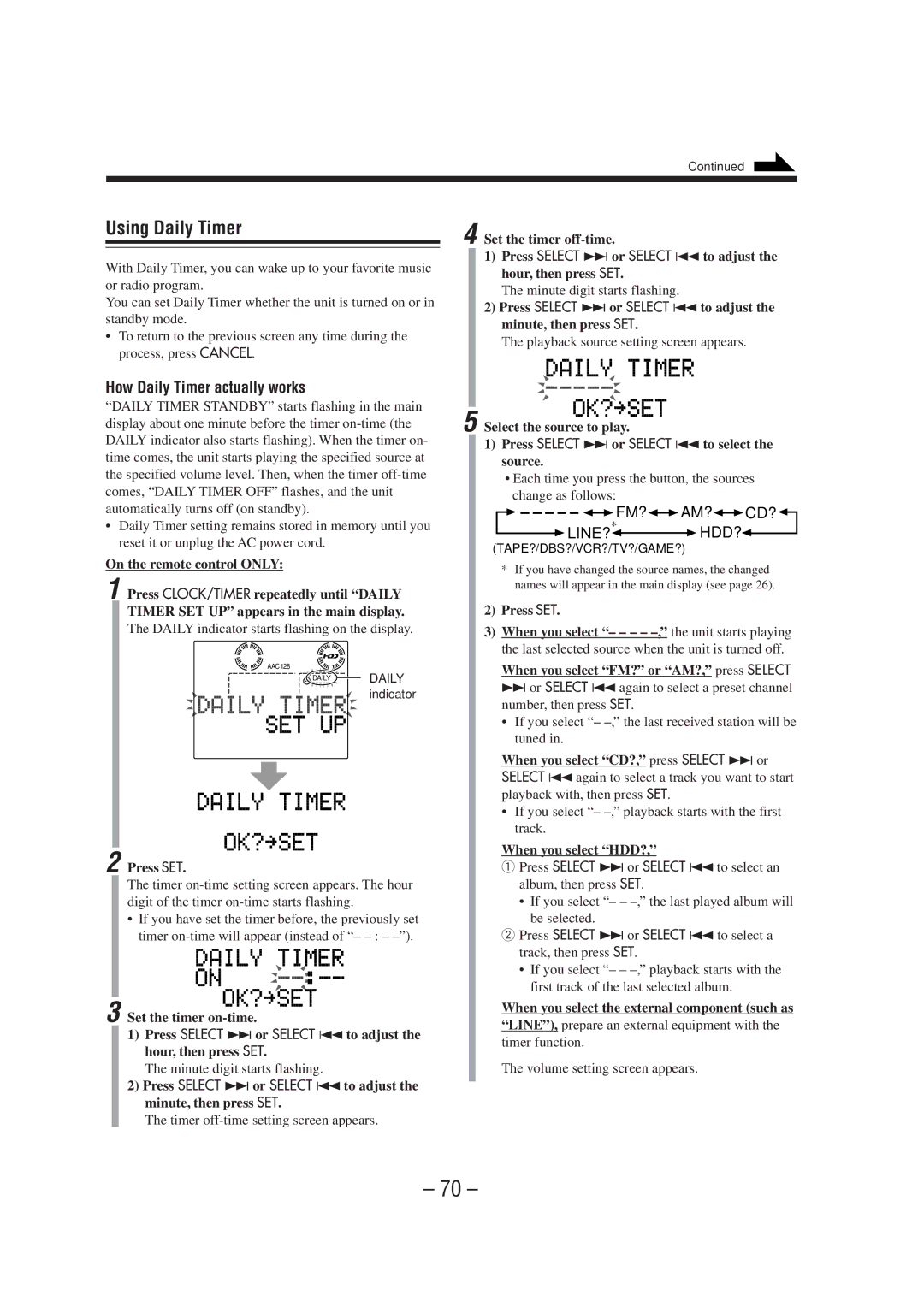 JVC CA-NXHD10R manual Using Daily Timer, How Daily Timer actually works, Fm? Am? Cd?, Line?* Hdd? 