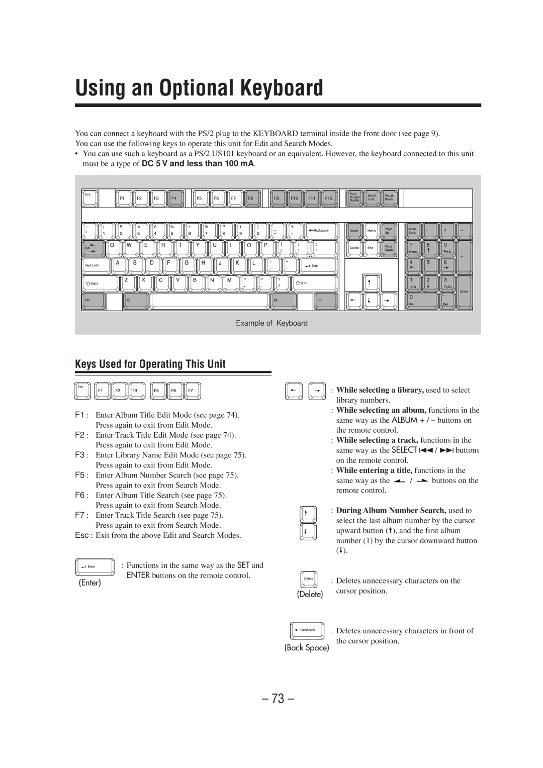 JVC CA-NXHD10R manual Using an Optional Keyboard, Keys Used for Operating This Unit 