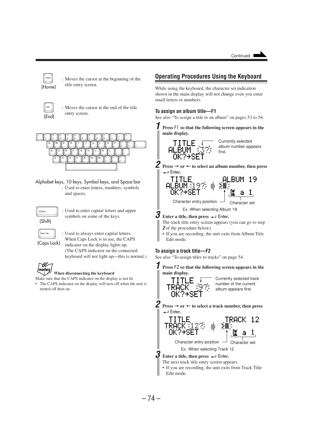 JVC CA-NXHD10R manual Operating Procedures Using the Keyboard, To assign an album title-F1, To assign a track title-F2 