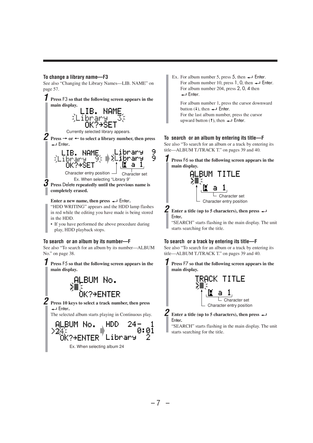 JVC CA-NXHD10R manual To change a library name-F3, To search for an album by entering its title-F6 