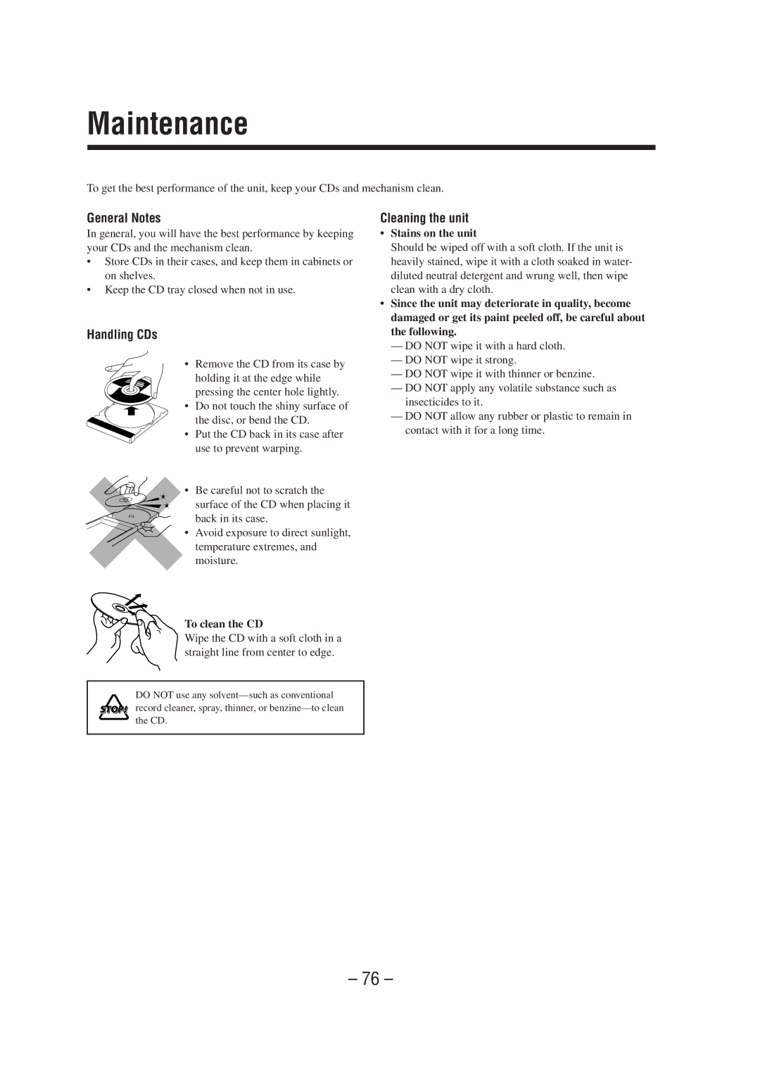 JVC CA-NXHD10R manual Maintenance, General Notes, Handling CDs, Cleaning the unit 