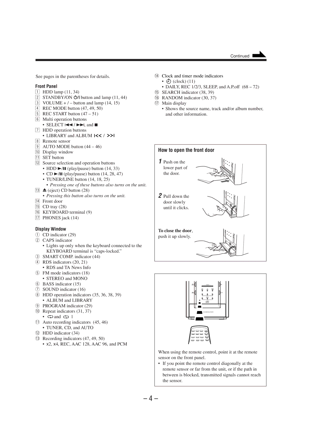 JVC CA-NXHD10R manual How to open the front door, Front Panel, Display Window, To close the door 