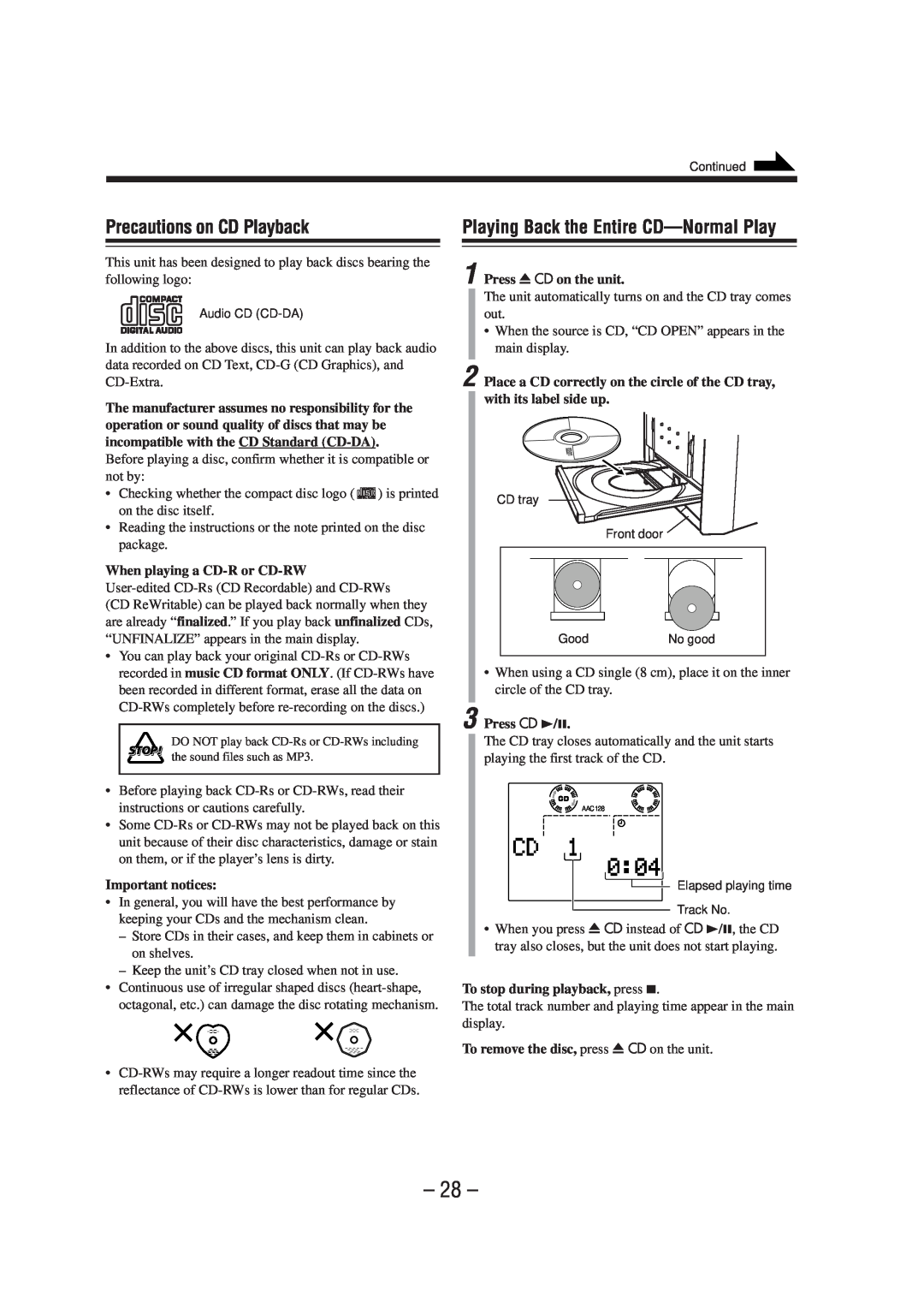 JVC CA-NXHD10R manual 28, Precautions on CD Playback, Playing Back the Entire CD-NormalPlay, When playing a CD-Ror CD-RW 