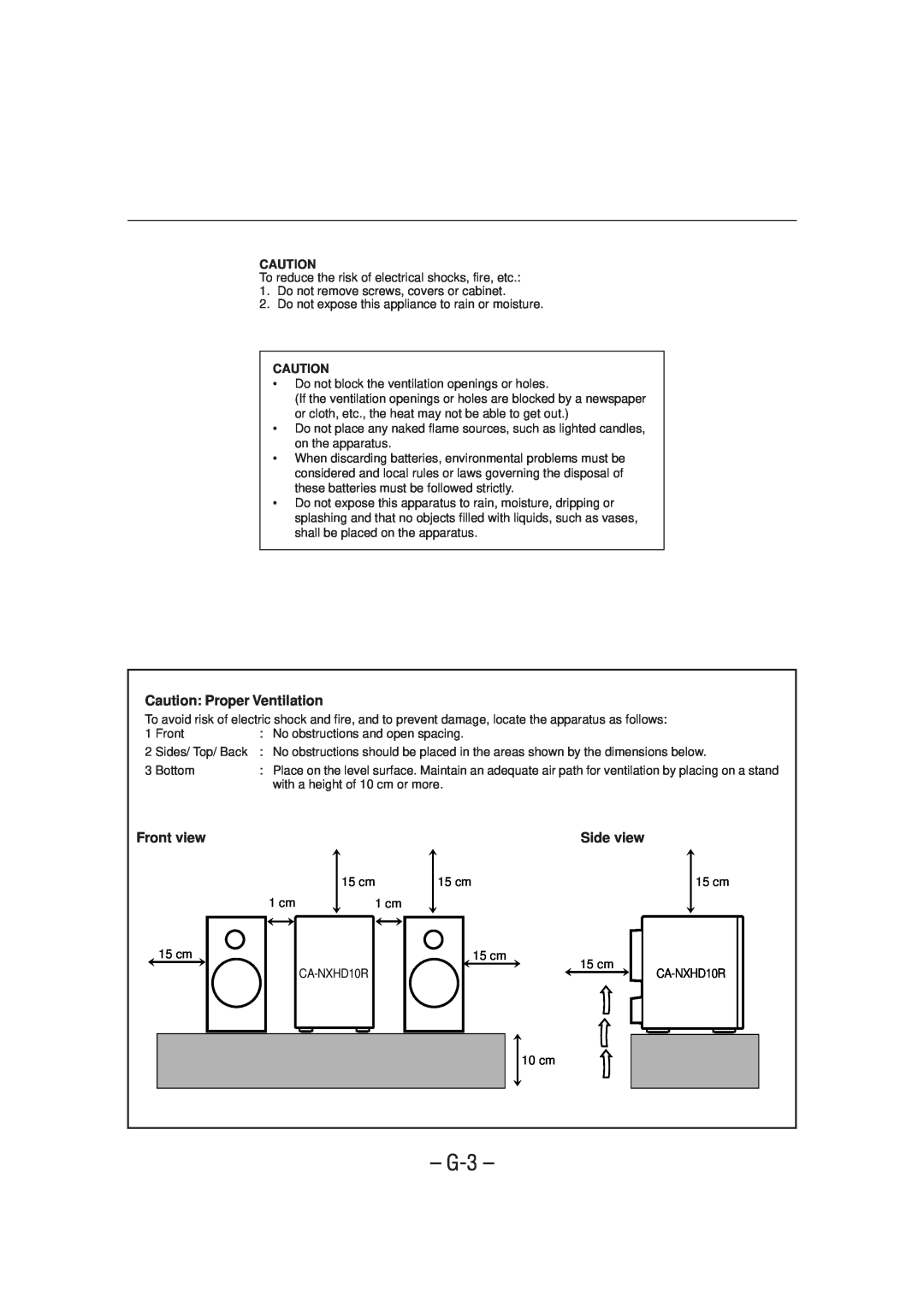 JVC CA-NXHD10R manual G-3, Caution: Proper Ventilation, Front view, Side view 