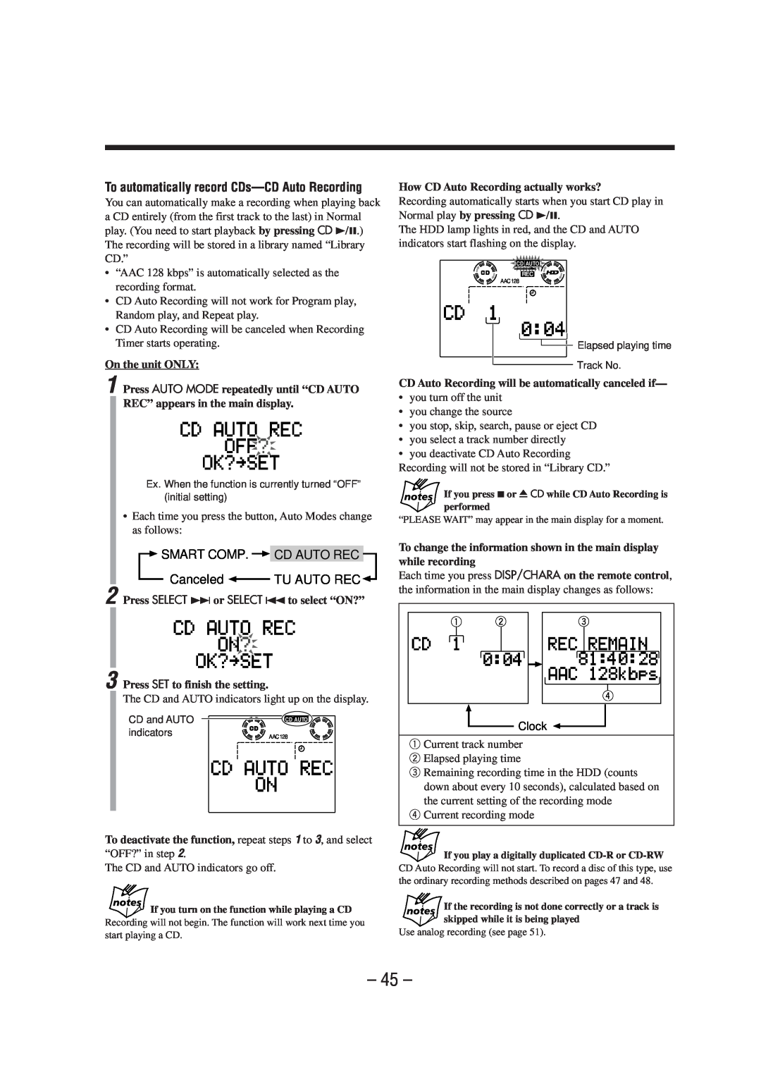 JVC CA-NXHD10R manual 45, SMART COMP. CD AUTO REC Canceled TU AUTO REC, To automatically record CDs—CDAuto Recording 