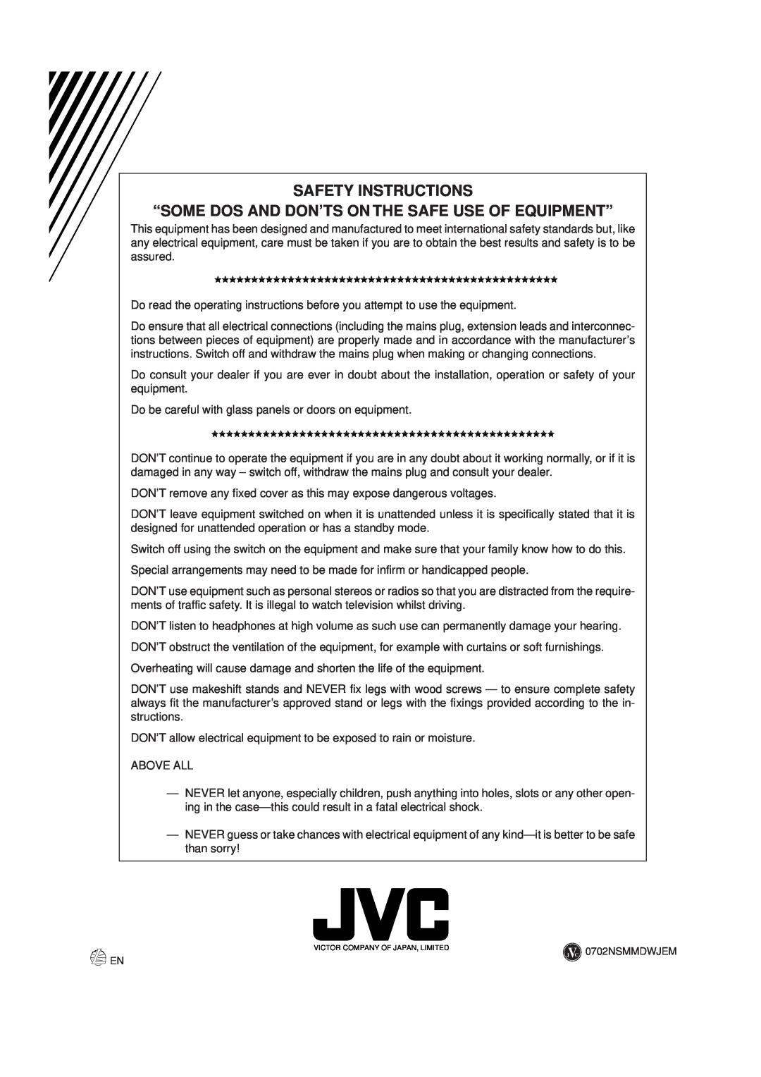 JVC CA-NXHD10R manual Safety Instructions 