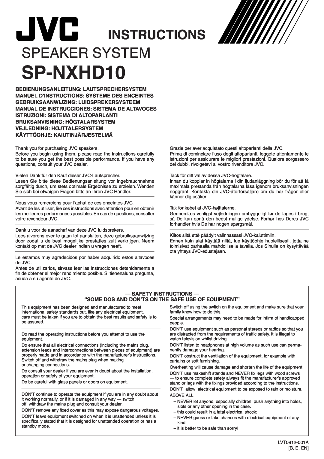 JVC CA-NXHD10R manual Bedienungsanleitung: Lautsprechersystem, Manuel D’Instructions: Systeme Des Enceintes, SP-NXHD10 