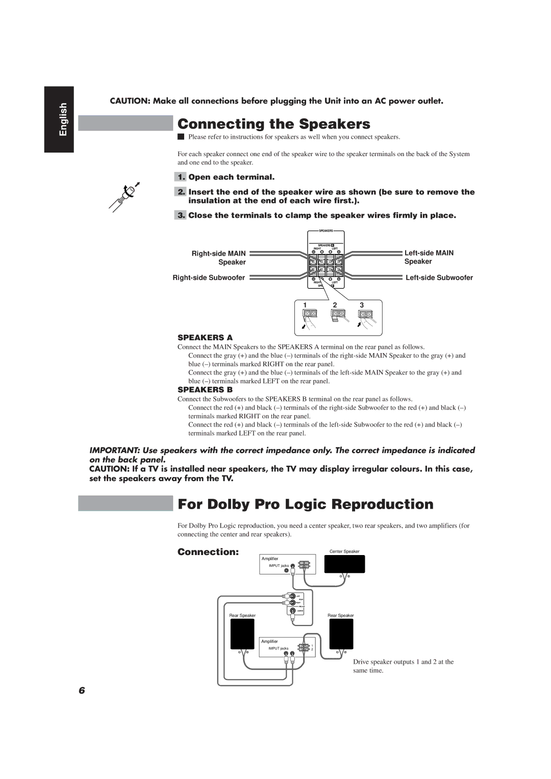 JVC CA-TD77R, E30580-2602A Connecting the Speakers, For Dolby Pro Logic Reproduction, Connection, Speakers a, Speakers B 