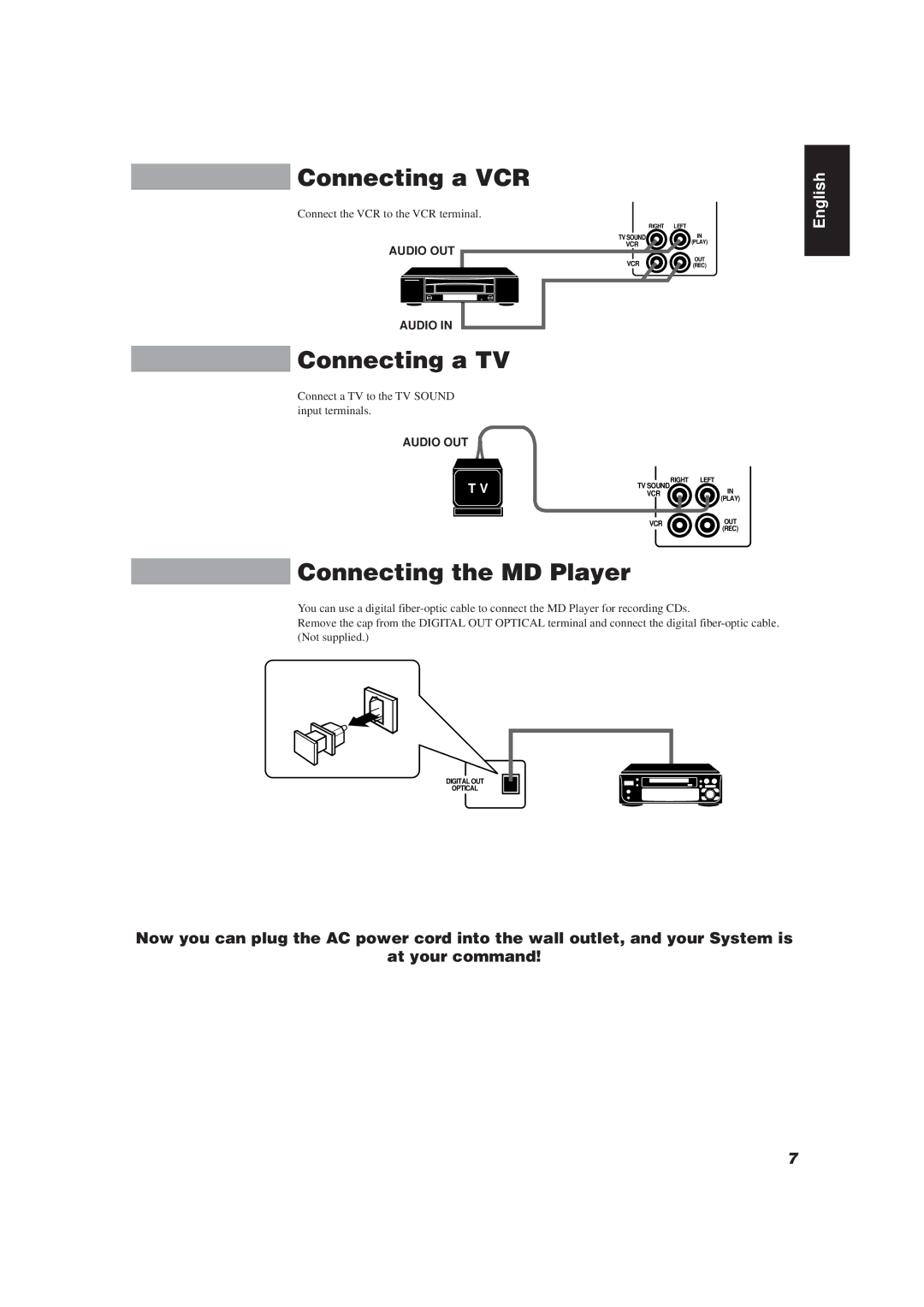 JVC E30580-2602A, CA-TD77R manual Connecting a VCR, Connecting a TV, Connecting the MD Player, Audio OUT 