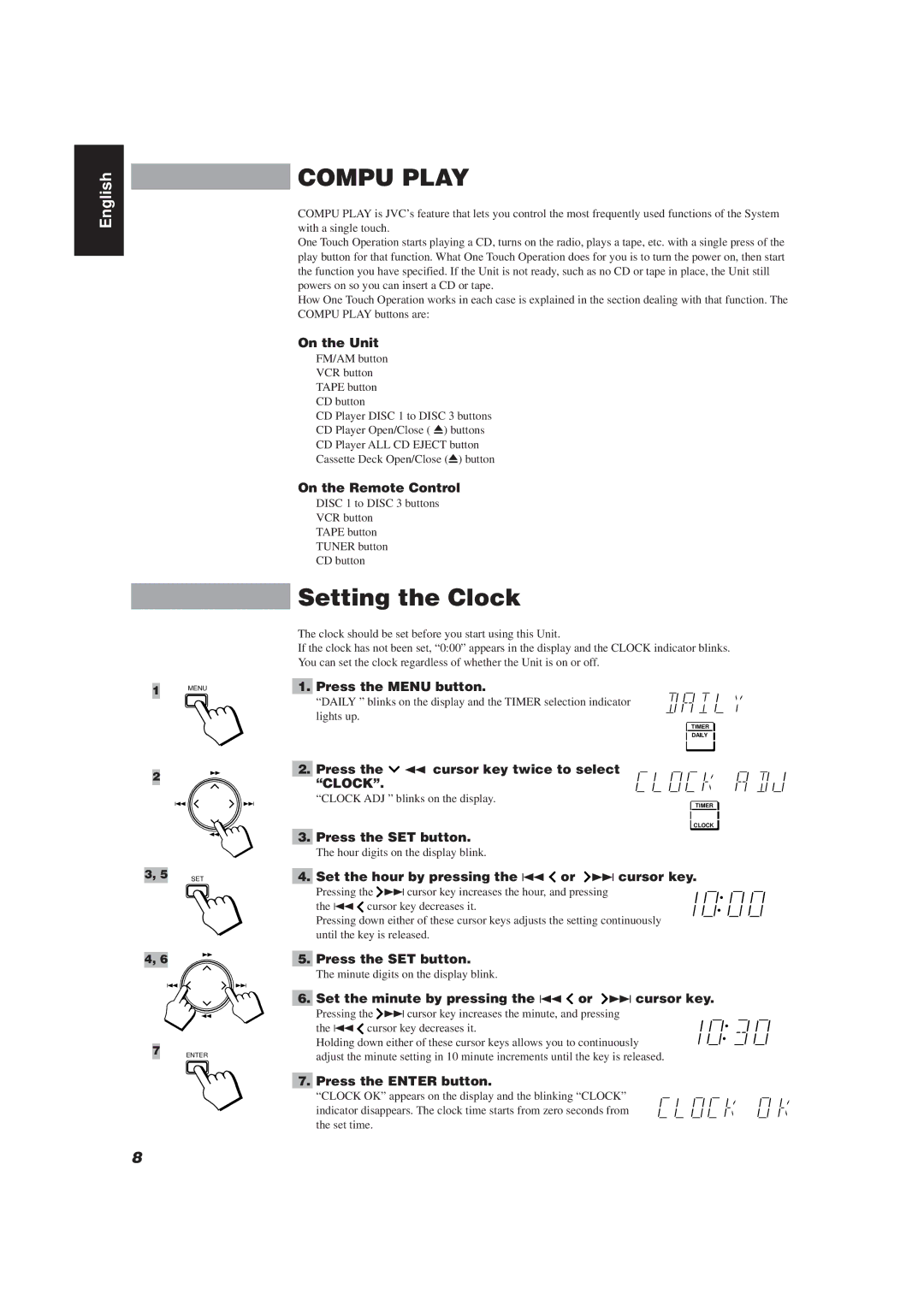 JVC CA-TD77R, E30580-2602A manual Setting the Clock 