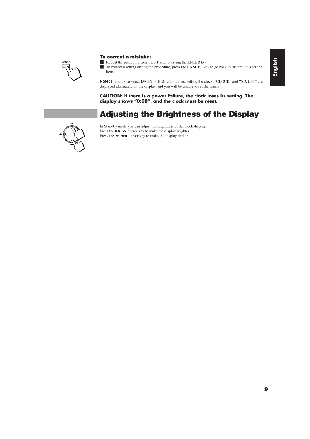 JVC E30580-2602A, CA-TD77R manual Adjusting the Brightness of the Display, To correct a mistake 