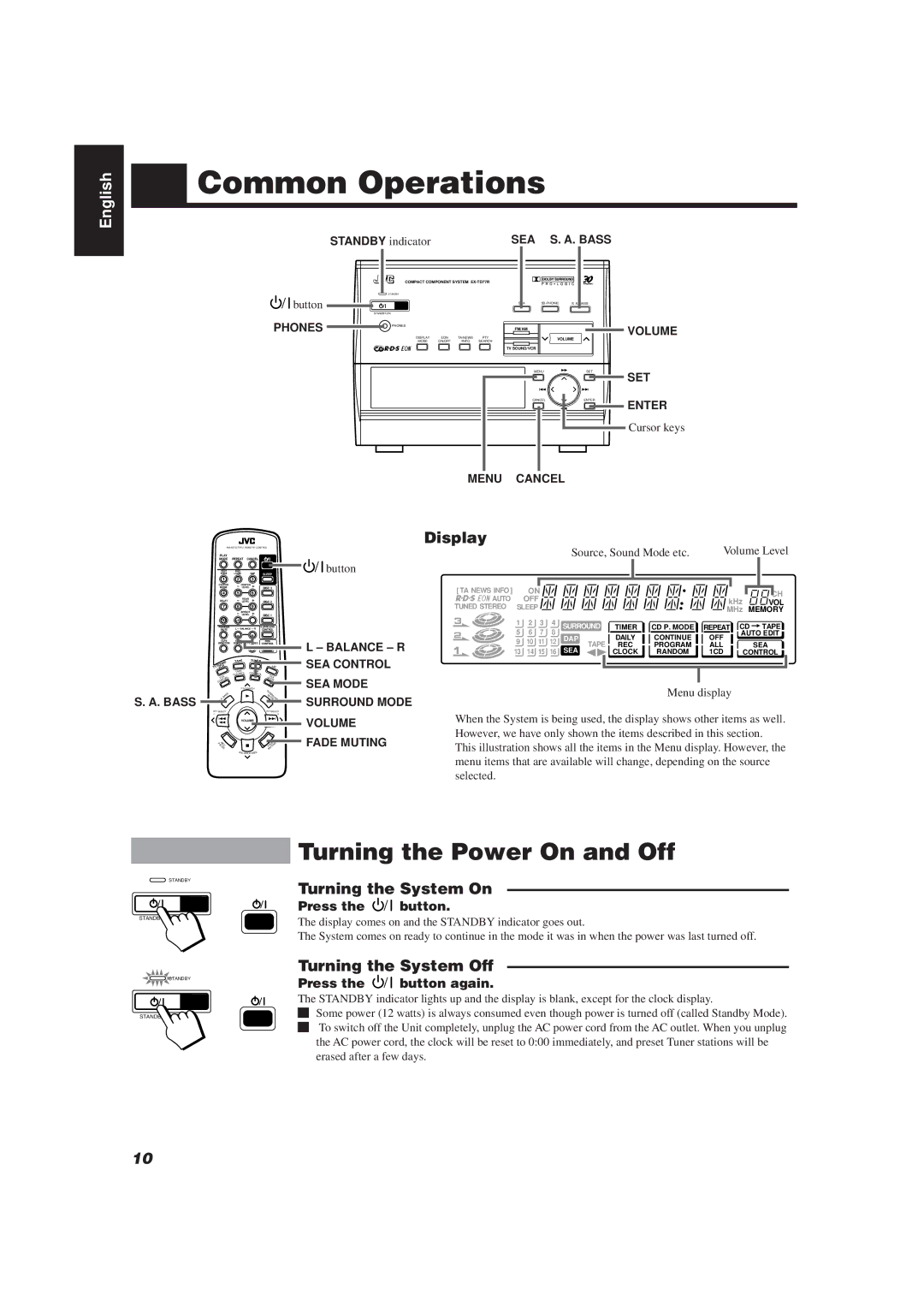 JVC CA-TD77R manual Common Operations, Turning the Power On and Off, Display, Turning the System On, Turning the System Off 