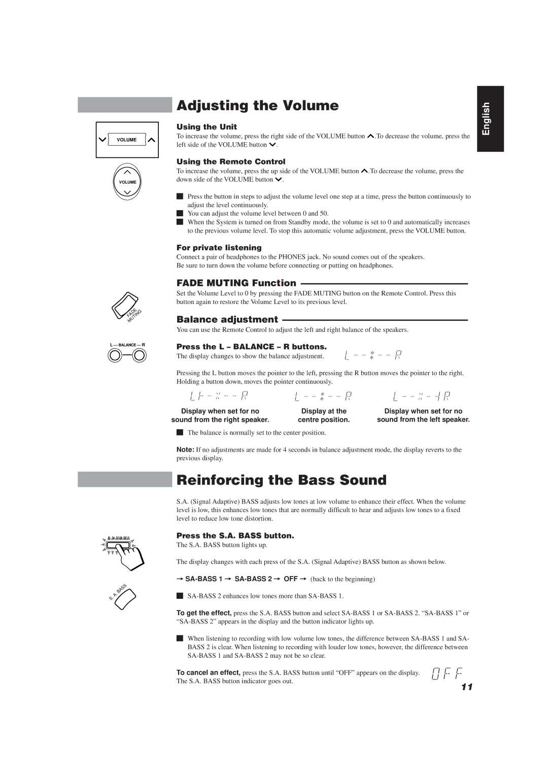 JVC E30580-2602A, CA-TD77R manual Adjusting the Volume, Reinforcing the Bass Sound, Fade Muting Function, Balance adjustment 