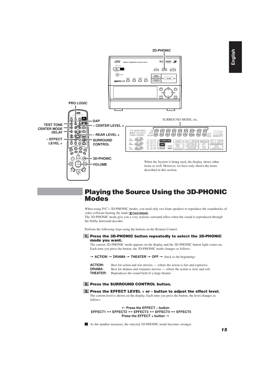 JVC E30580-2602A, CA-TD77R manual Playing the Source Using the 3D-PHONIC Modes 