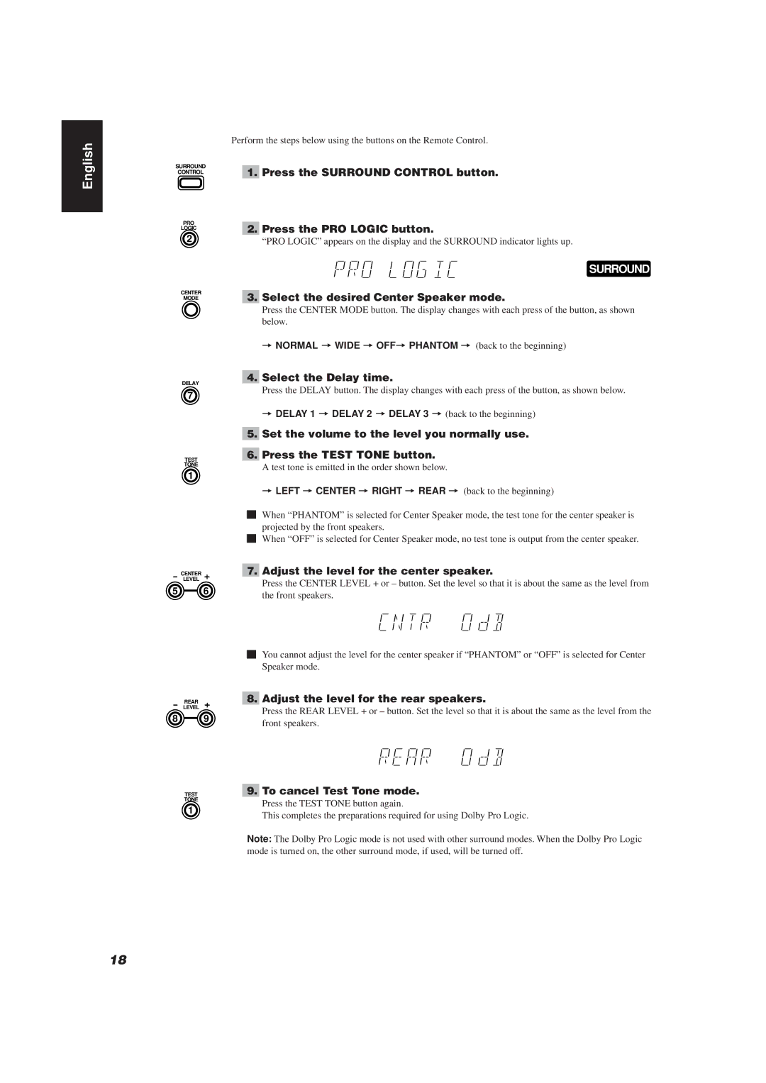 JVC CA-TD77R manual Press the Surround Control button, Press the PRO Logic button, Select the desired Center Speaker mode 