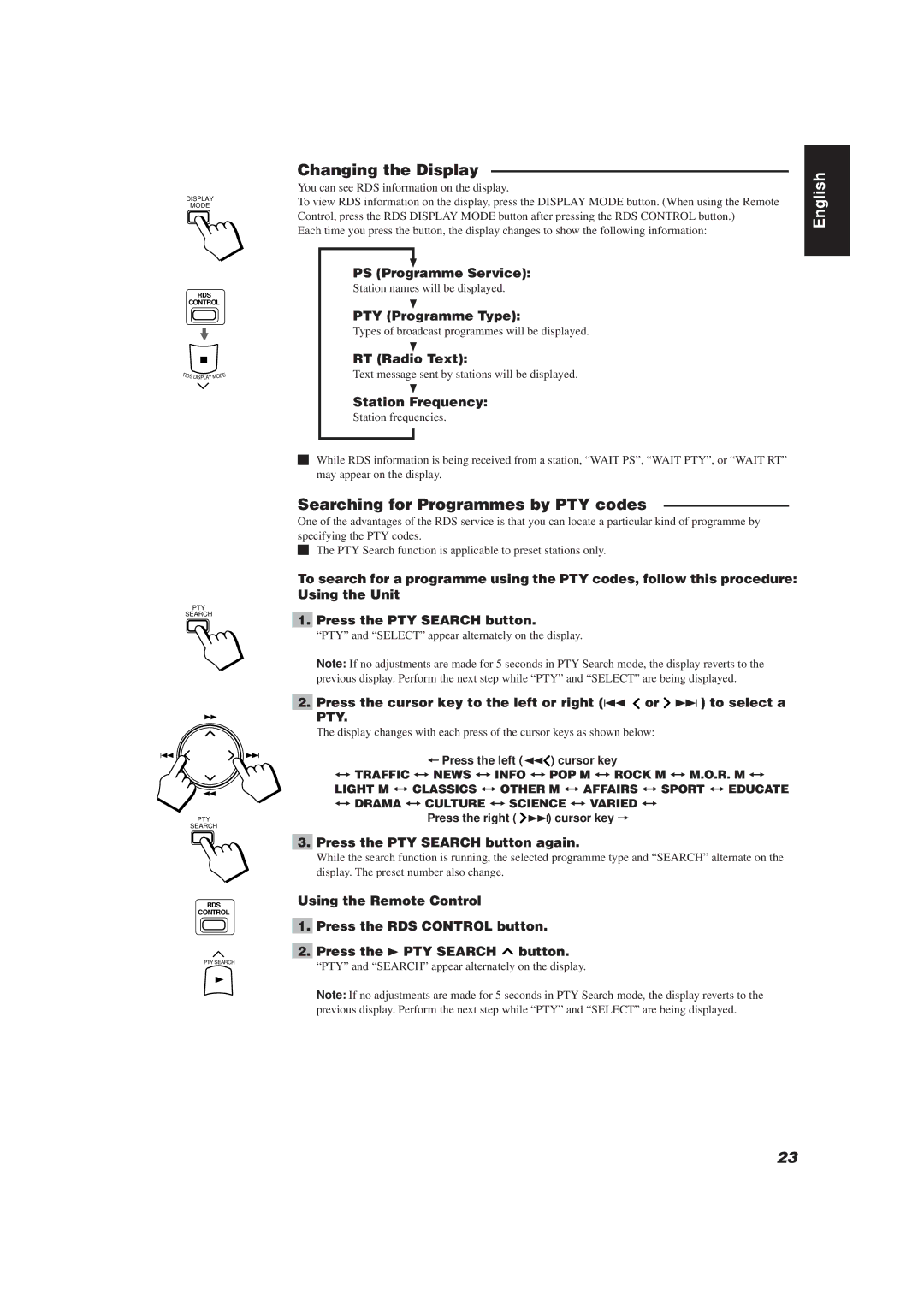 JVC E30580-2602A, CA-TD77R manual Changing the Display, Searching for Programmes by PTY codes, Pty 