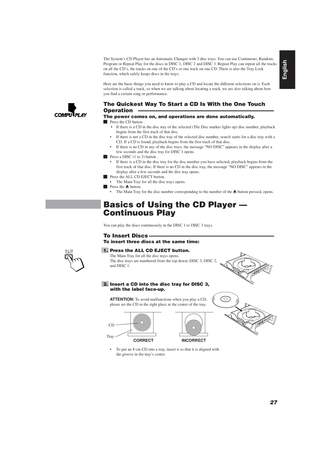 JVC E30580-2602A Basics of Using the CD Player Continuous Play, Quickest Way To Start a CD Is With the One Touch Operation 