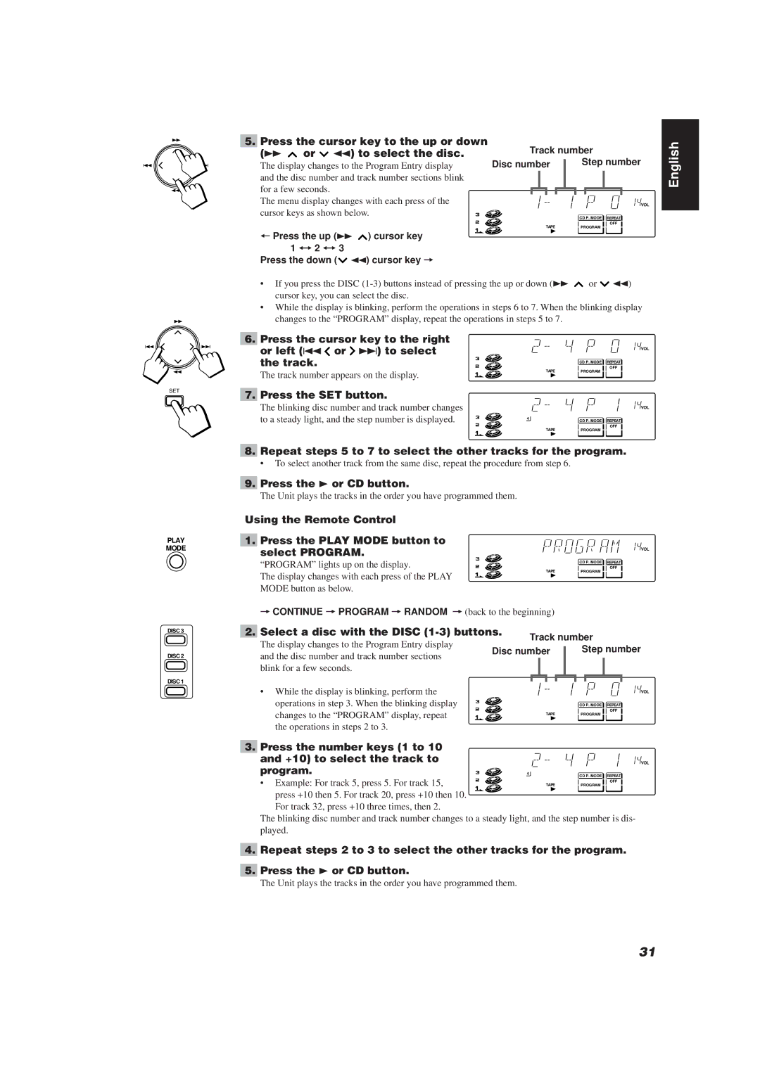 JVC E30580-2602A Press the cursor key to the right Or left 4 or ¢ to select, Track, Press the 3 or CD button, Program 