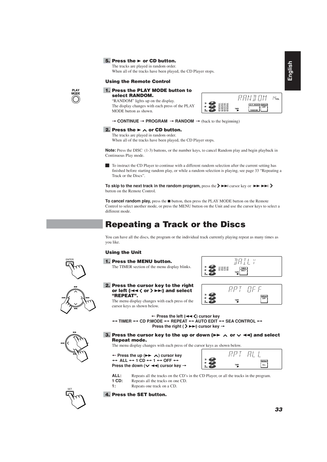 JVC E30580-2602A manual Repeating a Track or the Discs, SEA Control ï, + Press the up Á cursor key ALL ï 1 CD ï 1 ï OFF ï 