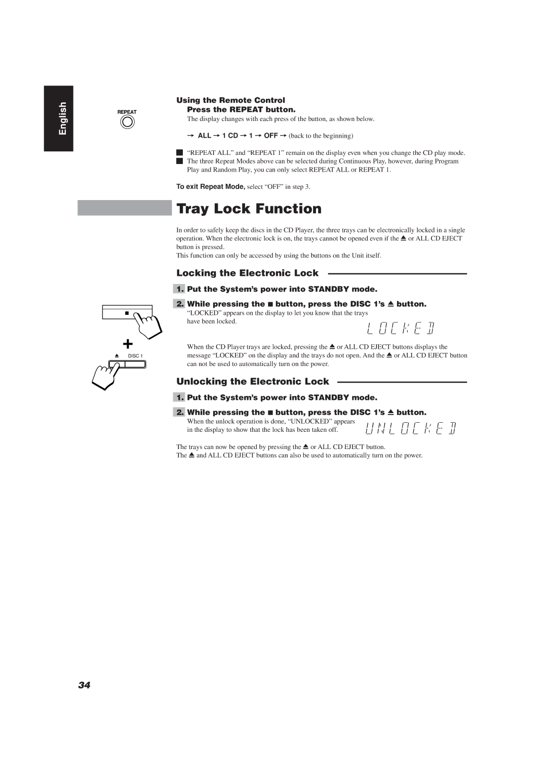 JVC CA-TD77R, E30580-2602A manual Tray Lock Function, Locking the Electronic Lock, Unlocking the Electronic Lock 