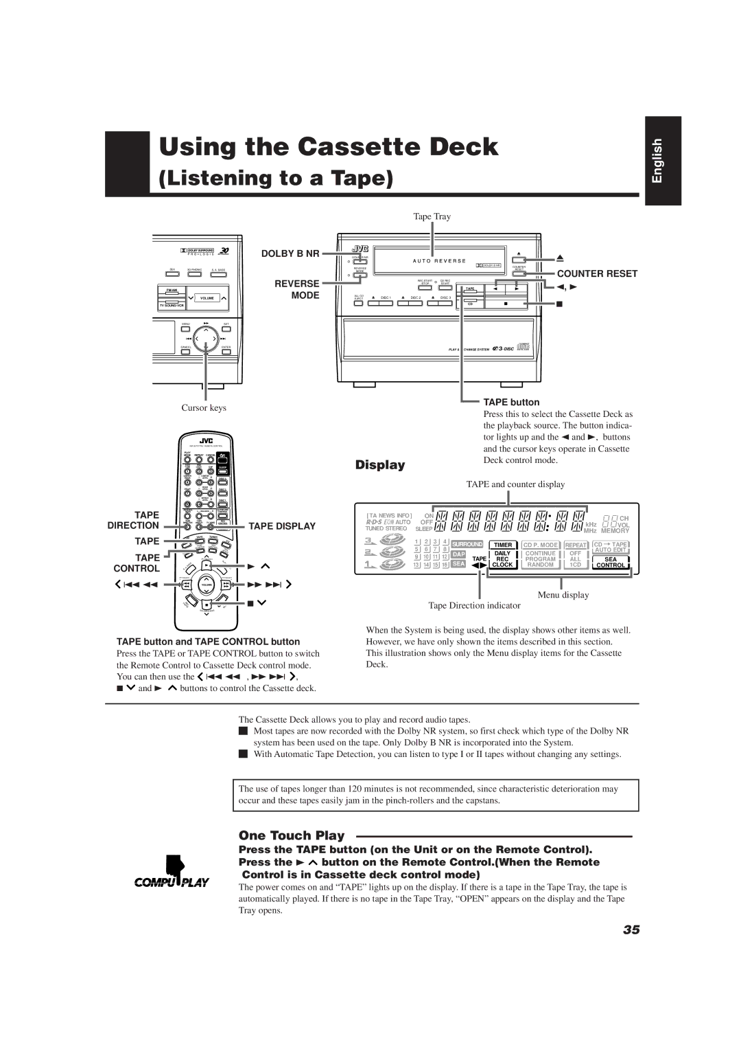 JVC E30580-2602A, CA-TD77R manual Using the Cassette Deck, One Touch Play 