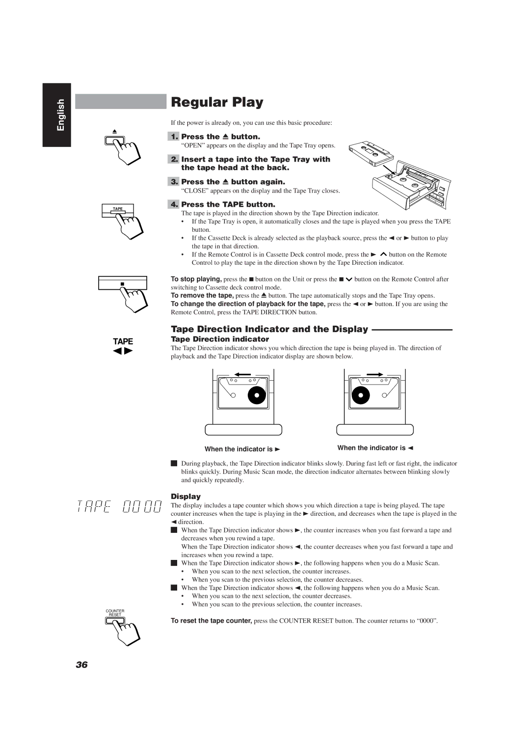 JVC CA-TD77R, E30580-2602A manual Regular Play, Tape Direction Indicator and the Display 