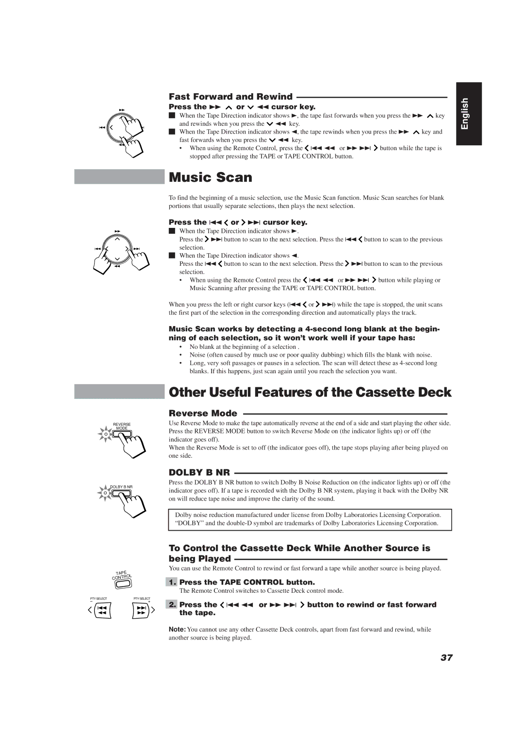 JVC E30580-2602A Music Scan, Other Useful Features of the Cassette Deck, Fast Forward and Rewind, Reverse Mode, Dolby B NR 
