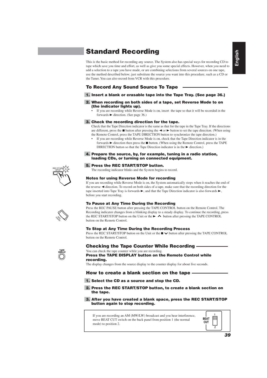 JVC E30580-2602A manual Standard Recording, To Record Any Sound Source To Tape, Checking the Tape Counter While Recording 