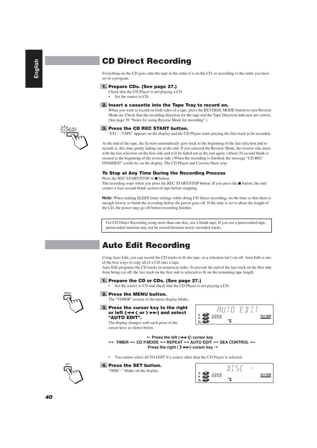 JVC CA-TD77R, E30580-2602A manual CD Direct Recording, Auto Edit Recording 