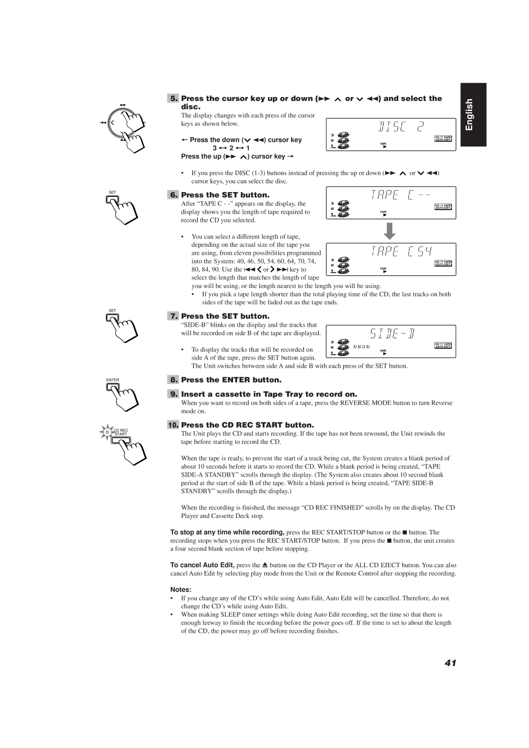 JVC E30580-2602A, CA-TD77R manual Press the cursor key up or down Á or 1 and select the disc, + Press the down Cursor key 