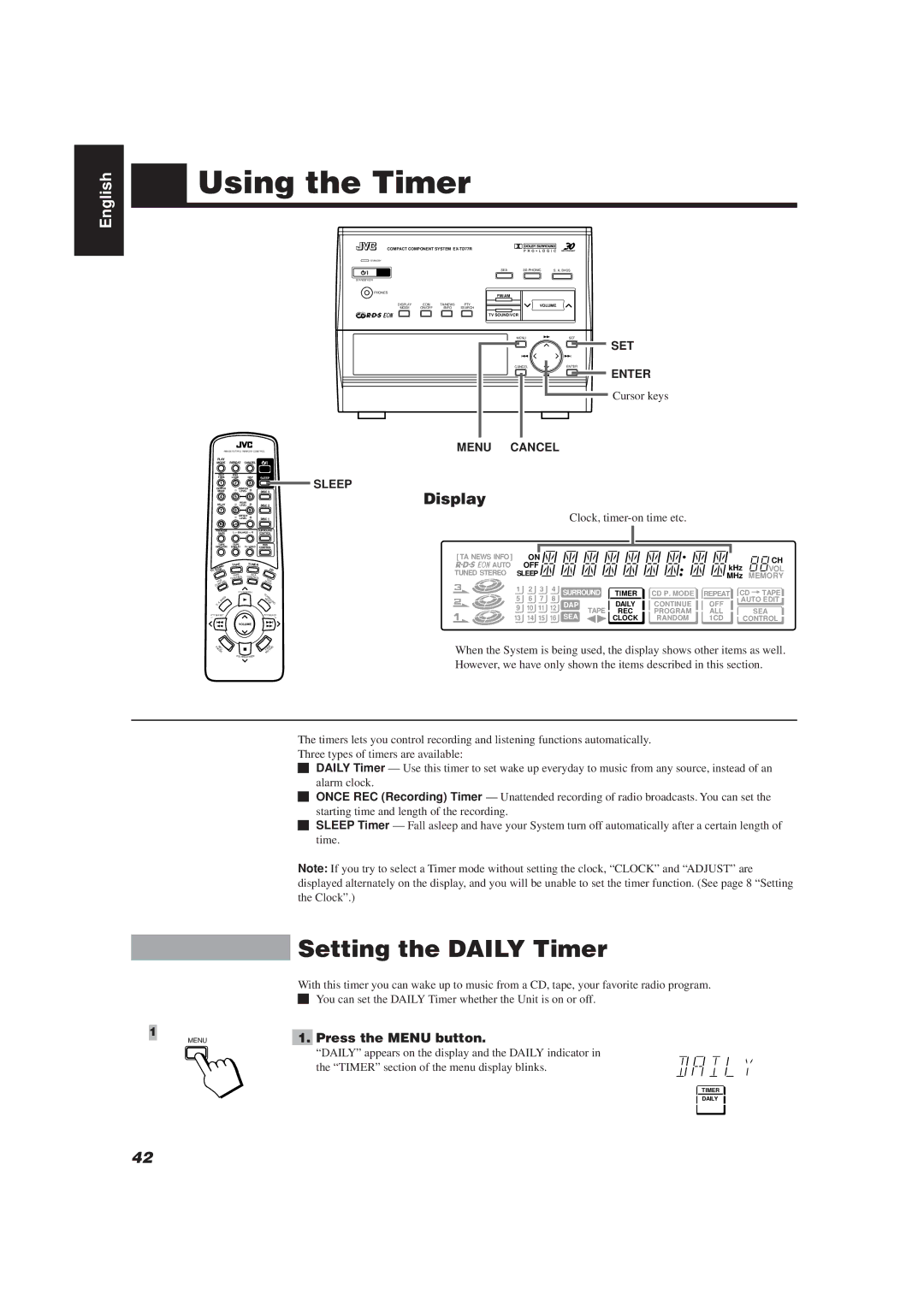 JVC CA-TD77R, E30580-2602A manual Using the Timer, Setting the Daily Timer, Menu Cancel Sleep 