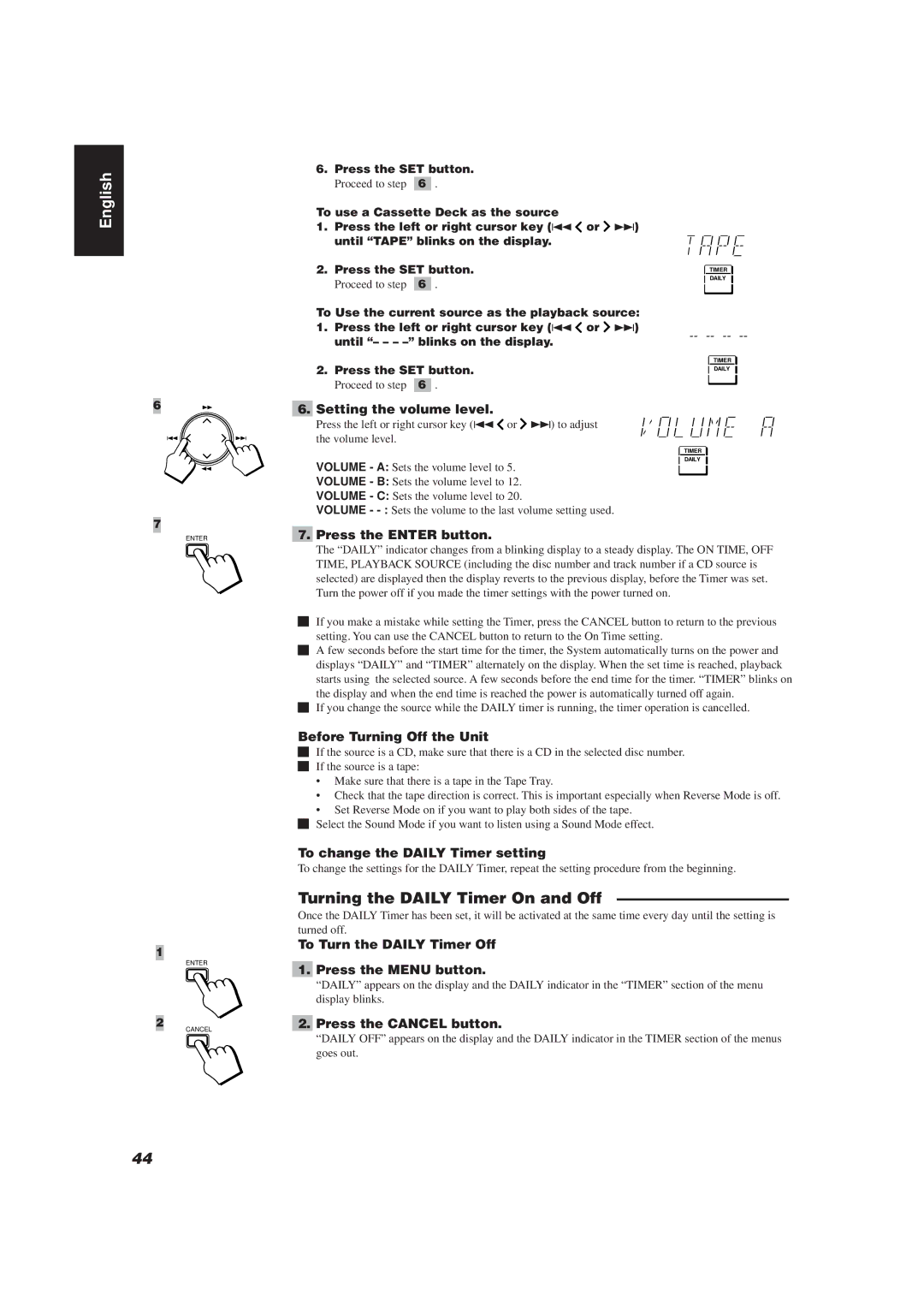 JVC CA-TD77R, E30580-2602A manual Turning the Daily Timer On and Off 