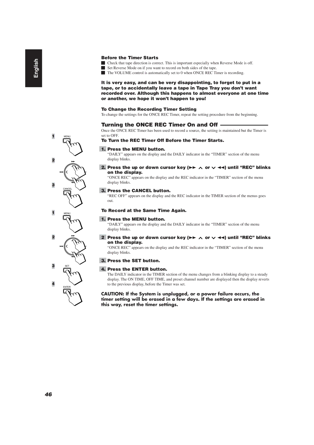 JVC CA-TD77R, E30580-2602A manual Turning the Once REC Timer On and Off, Before the Timer Starts 