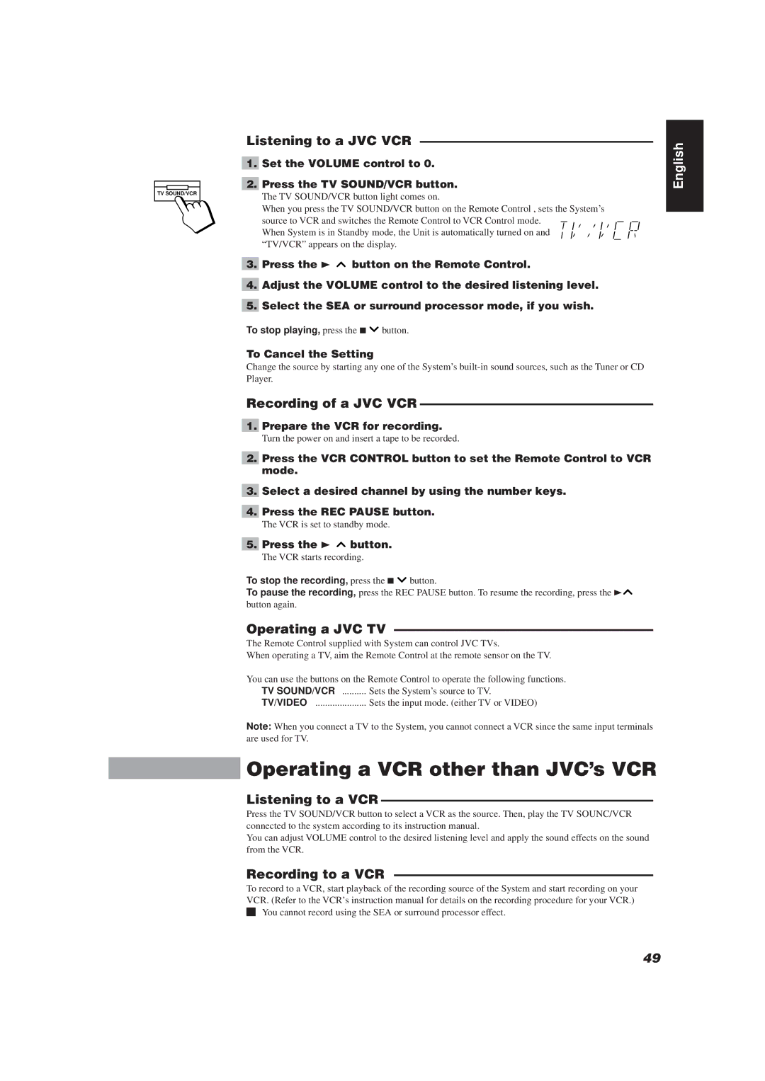 JVC E30580-2602A, CA-TD77R manual Operating a VCR other than JVC’s VCR 