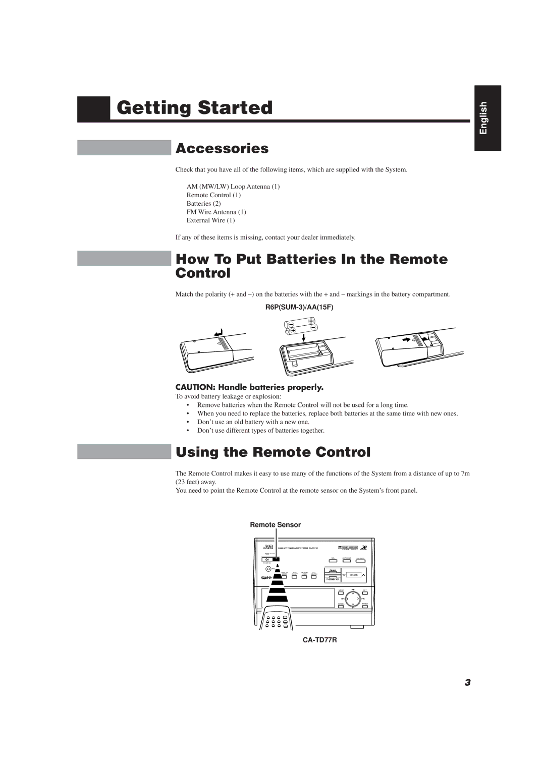 JVC E30580-2602A manual Getting Started, Accessories, How To Put Batteries In the Remote Control, Using the Remote Control 