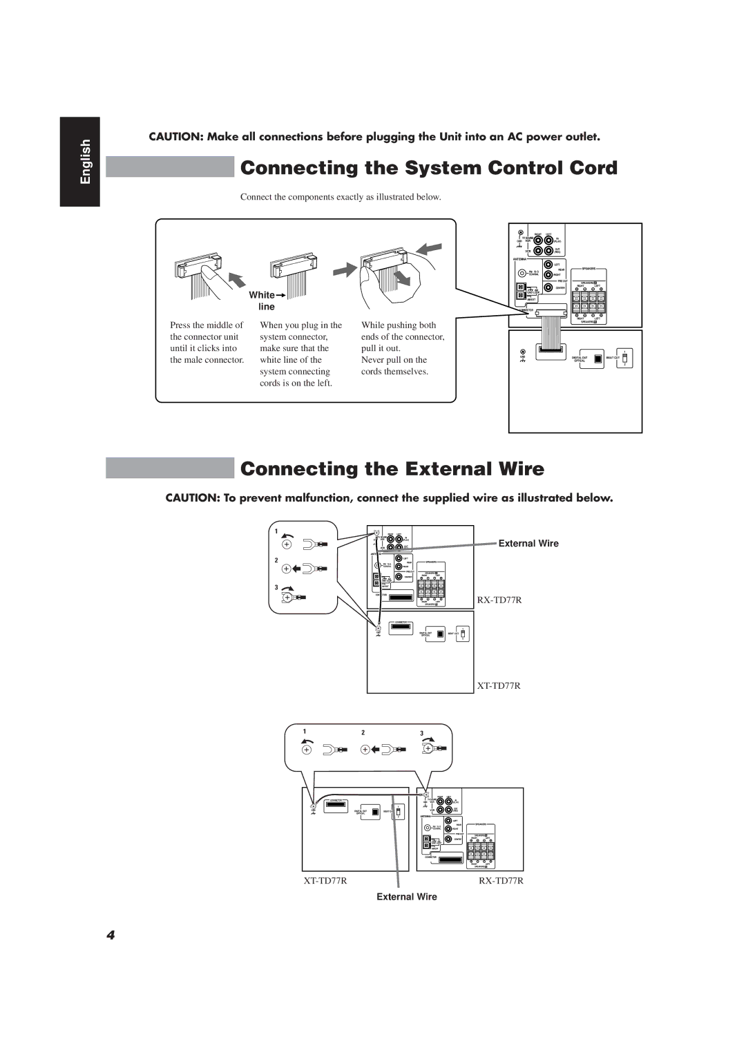 JVC CA-TD77R, E30580-2602A manual Connecting the System Control Cord, Connecting the External Wire, White Line 