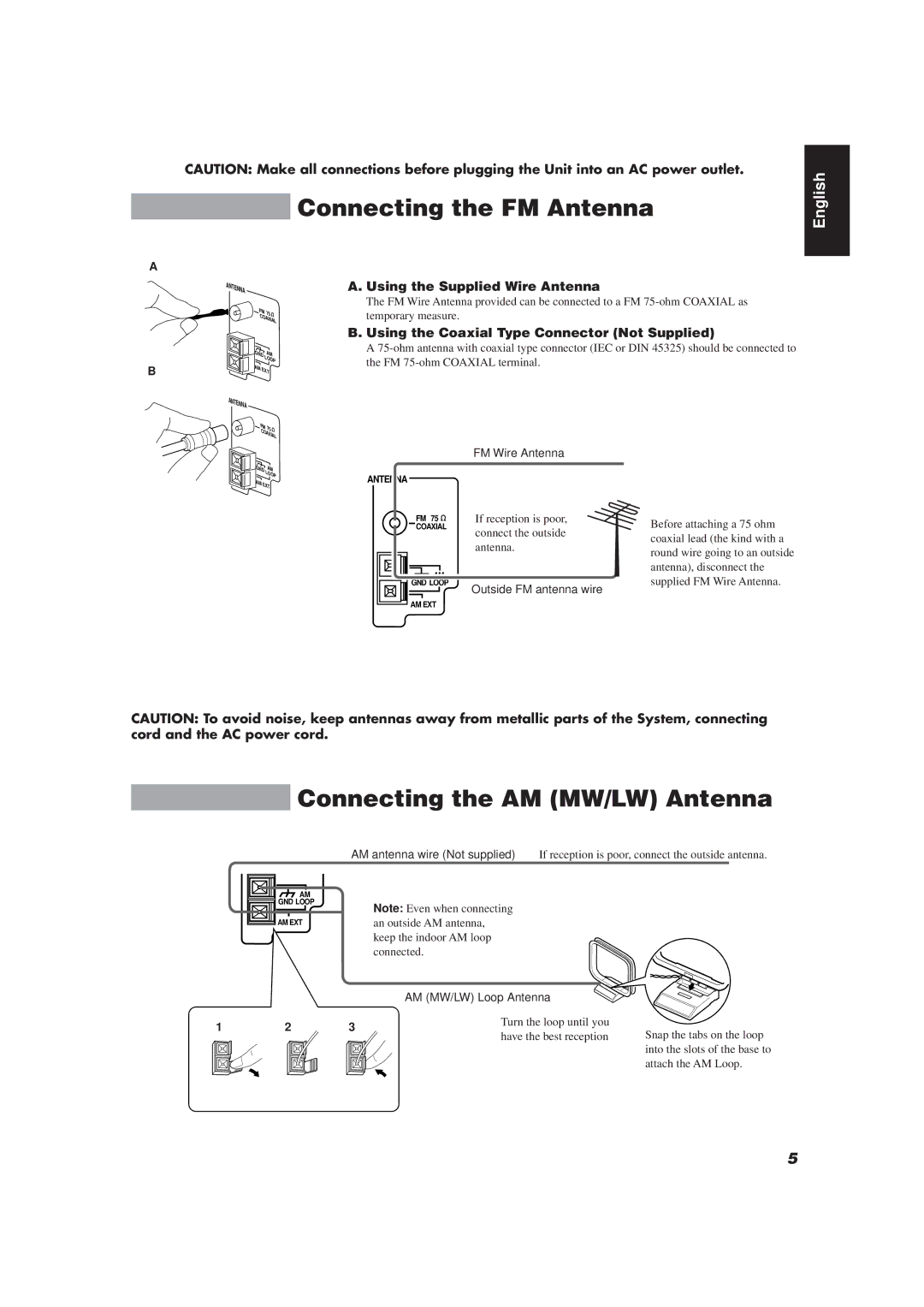 JVC E30580-2602A Connecting the FM Antenna, Using the Supplied Wire Antenna, Using the Coaxial Type Connector Not Supplied 