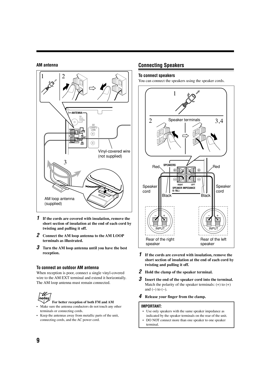 JVC CA-UXA7DVD, SP-UXA7DVD, UX-A7DVD manual Connecting Speakers, To connect an outdoor AM antenna, To connect speakers 