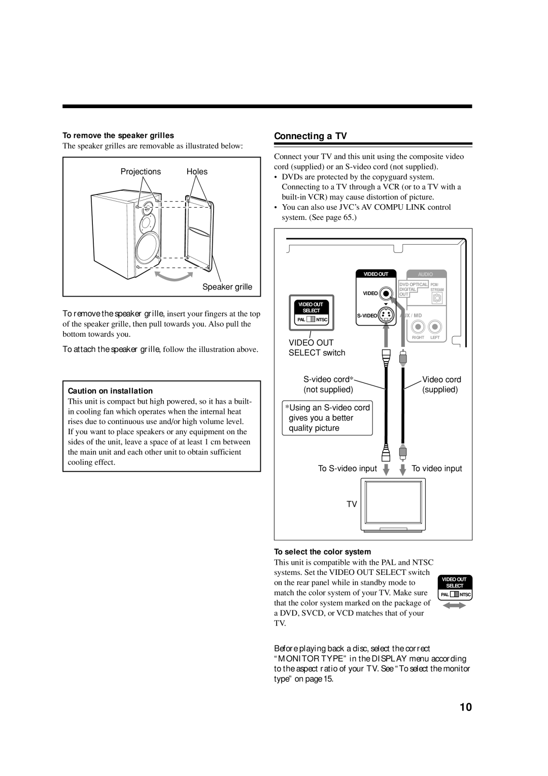 JVC SP-UXA7DVD, CA-UXA7DVD, UX-A7DVD manual Connecting a TV, To remove the speaker grilles, To select the color system 