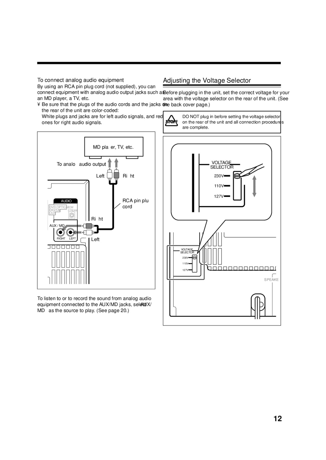 JVC CA-UXA7DVD, SP-UXA7DVD, UX-A7DVD manual Adjusting the Voltage Selector, To connect analog audio equipment 