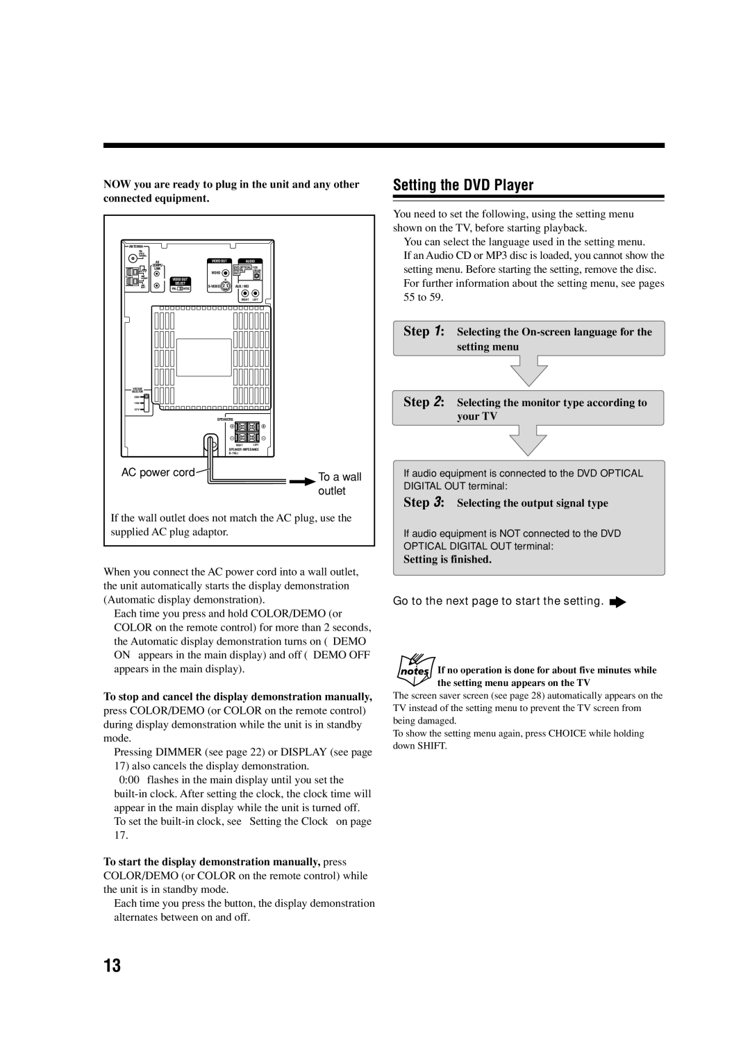 JVC SP-UXA7DVD, CA-UXA7DVD, UX-A7DVD manual Setting the DVD Player, Go to the next page to start the setting 