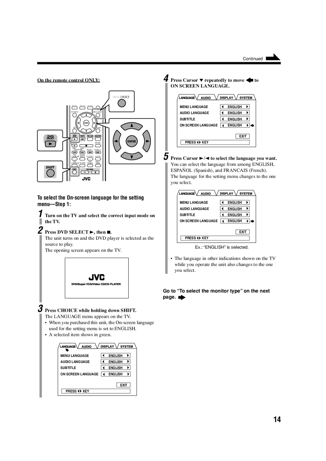 JVC UX-A7DVD To select the On-screen language for the setting menu-Step, Go to To select the monitor type on the next 