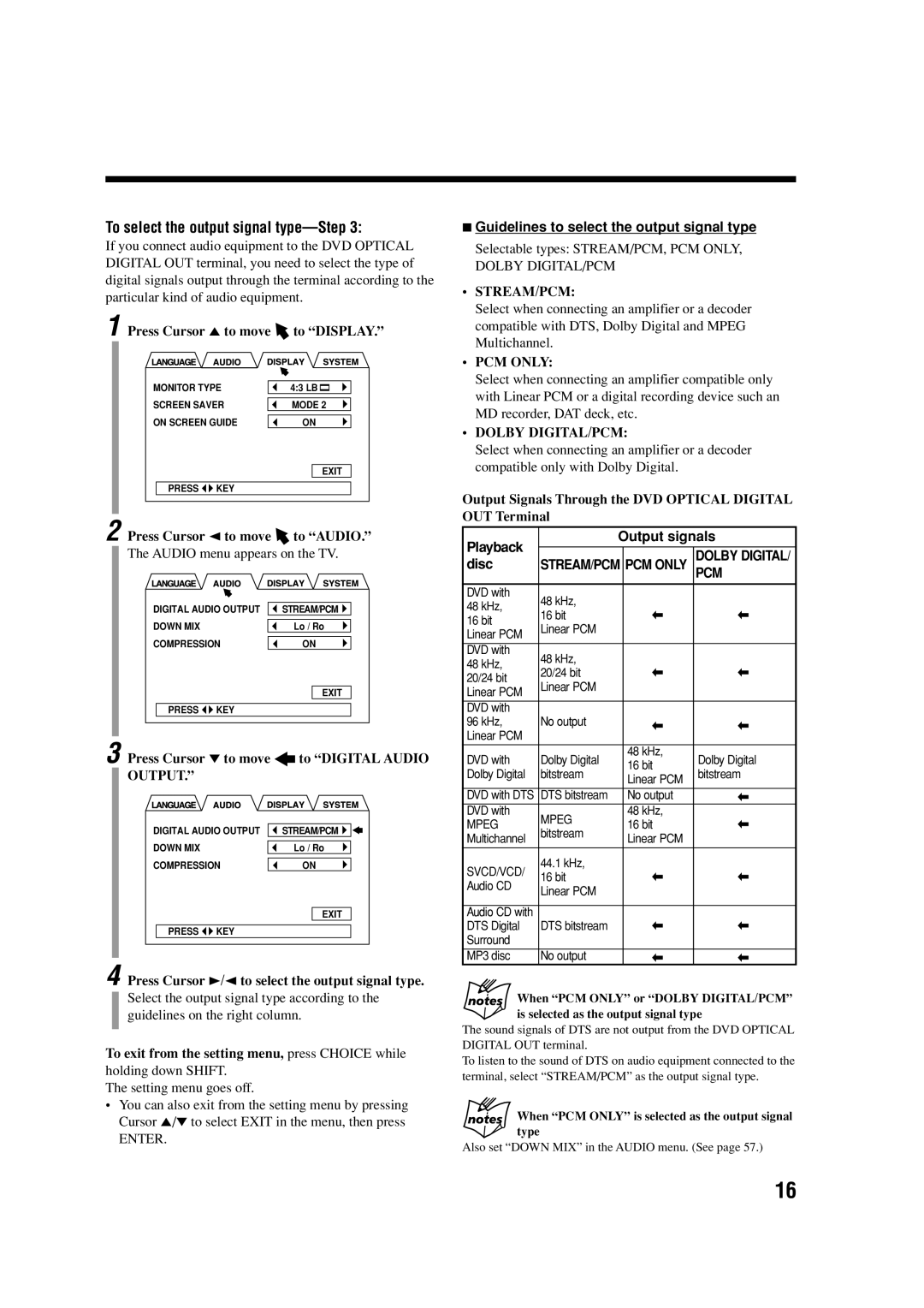 JVC SP-UXA7DVD To select the output signal type-Step, Guidelines to select the output signal type, Playback Output signals 